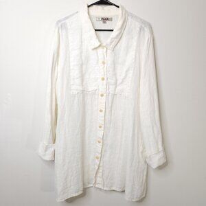 Flax 100% Linen Off White Button Front Long Sleeve Top Tuxedo Bib Lagenlook L